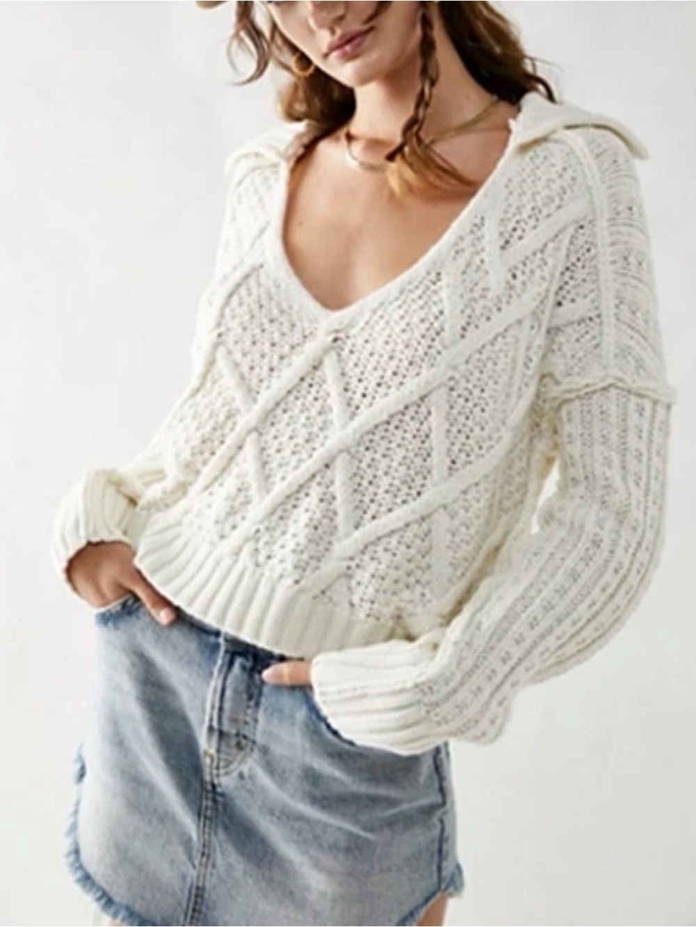FREE PEOPLE TRAVELER CABLE PULLOVER WITH COLLAR IN CREME COLOR ~ SIZE S